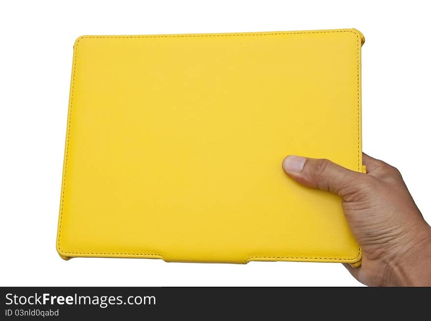 Yellow notebook and hand as white isolate background