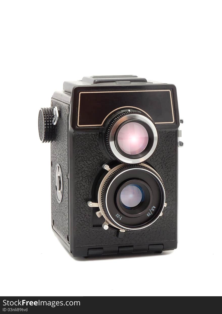 Old camera with two lenses on a white background