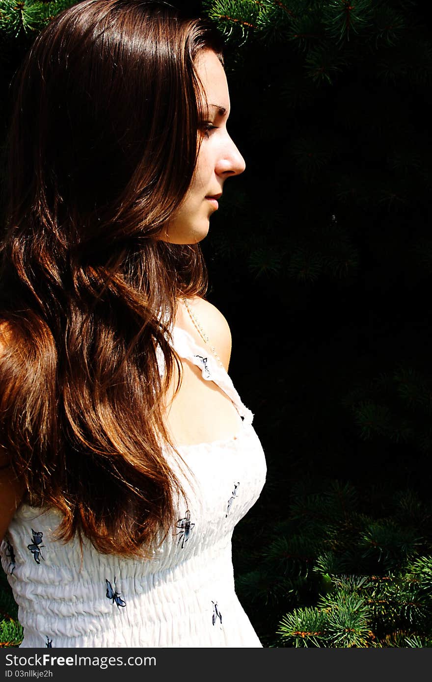 A young girl standing near tree. A young girl standing near tree.