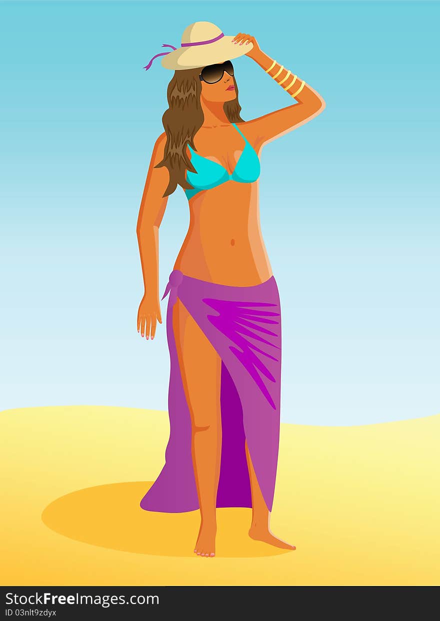 Girl in hat on beach. Vector illustration