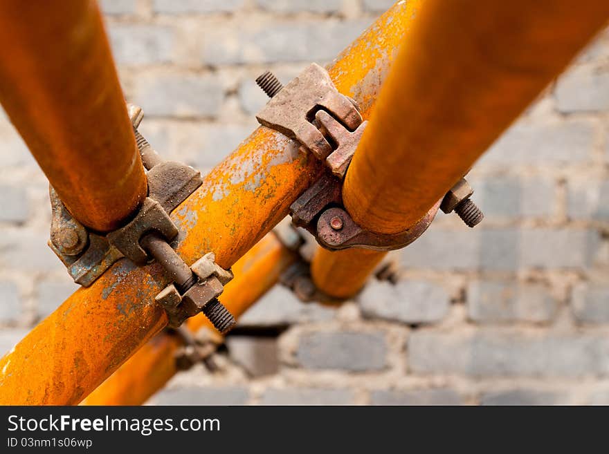 Closeup of rusty scaffold in a construction site