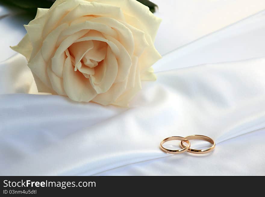 Wedding rings and a tea rose on white silk