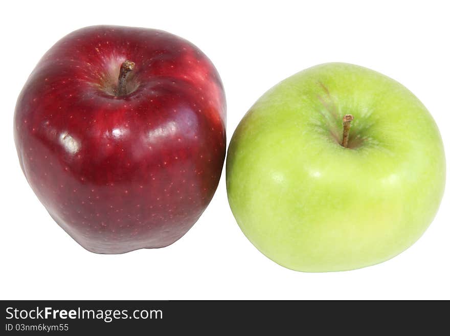 Green and red apples on a white background