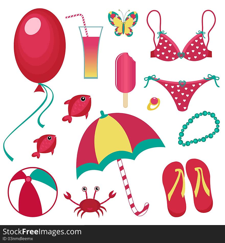 A vector illustration of summer icons. A vector illustration of summer icons