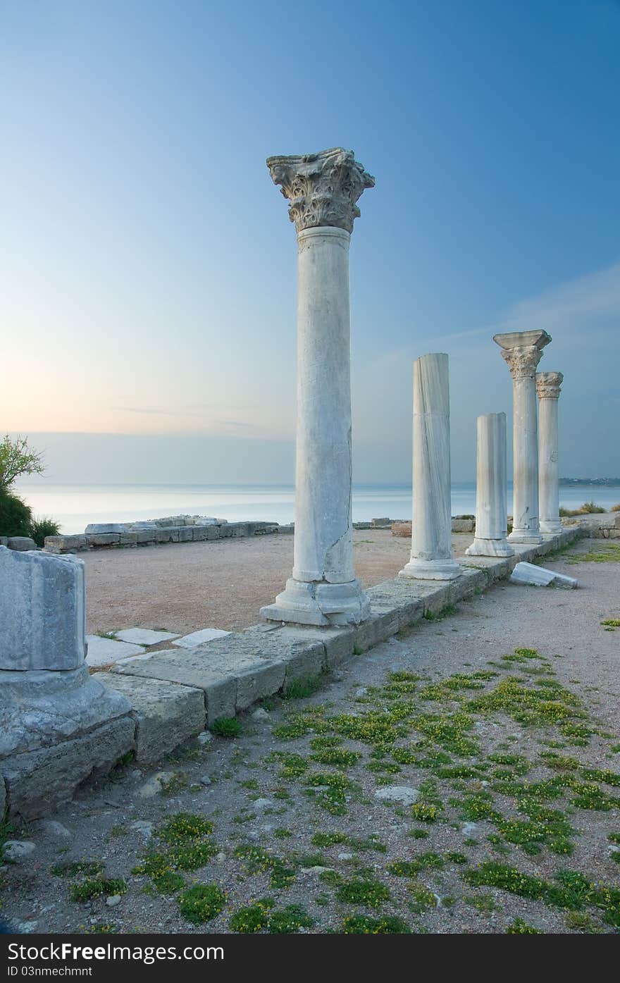 Ruins on sunset. Nature composition.