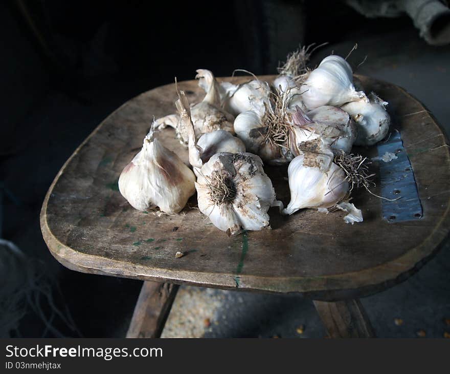 Pieces of garlic on a rural chair. Pieces of garlic on a rural chair