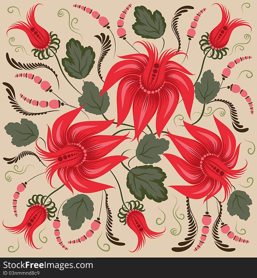 Red flowers on a beige background - in the style of hand-painted. Floral design. Basic elements are grouped.