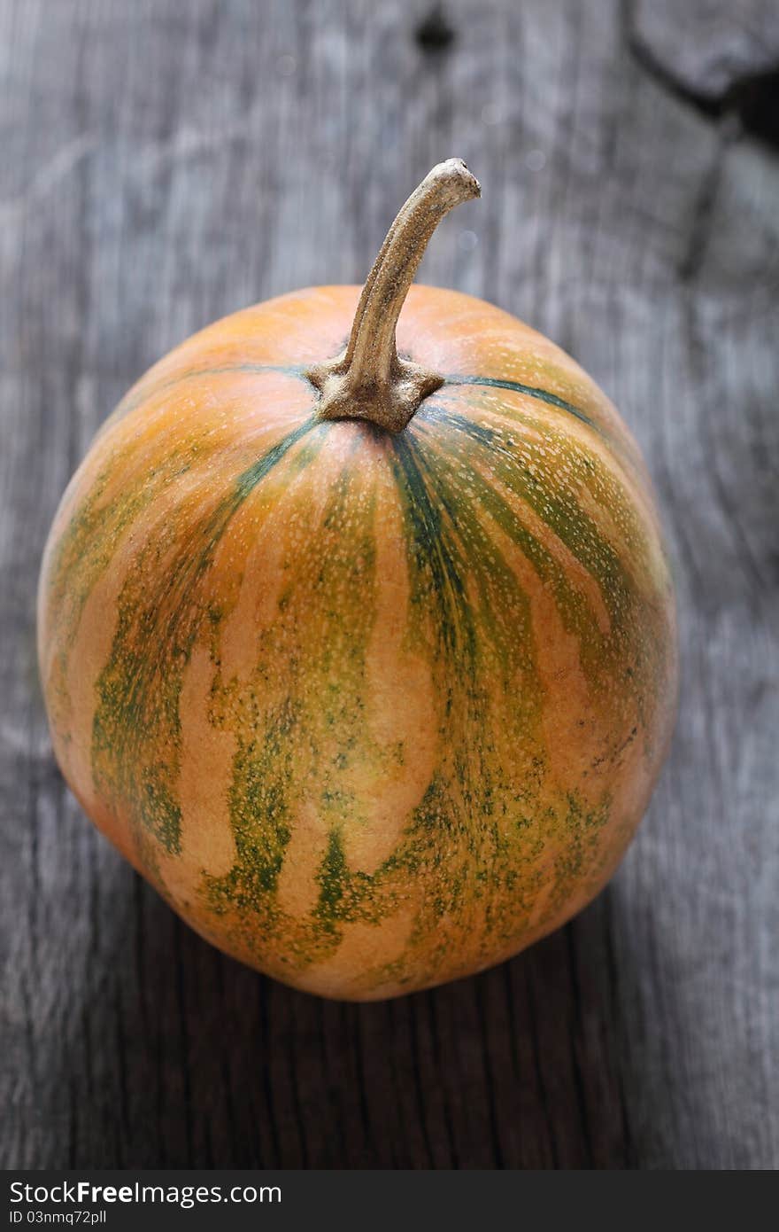 One pumpkin on the rustic wooden background. One pumpkin on the rustic wooden background