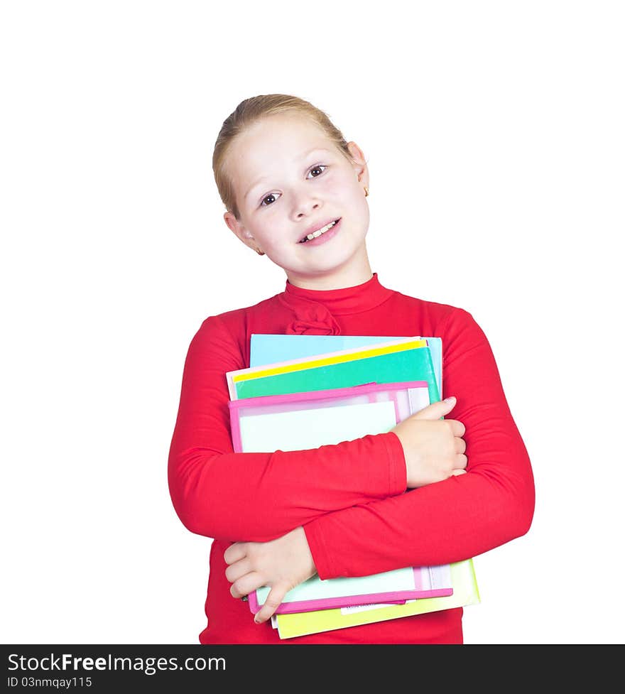 Child with a stack of notebooks