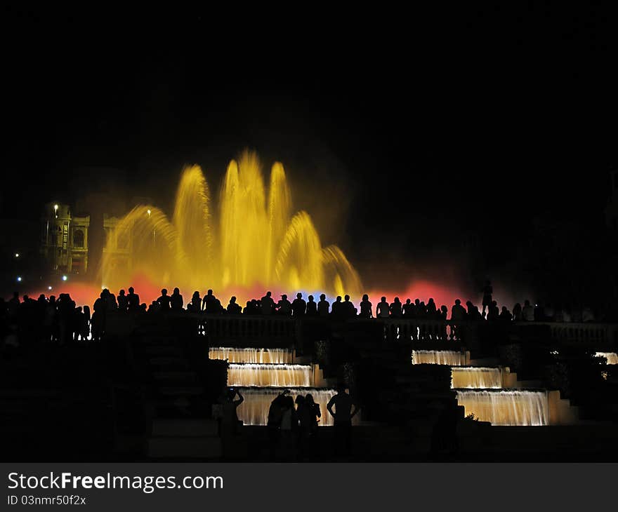 Evening show of magic fountain barcelona color. Evening show of magic fountain barcelona color