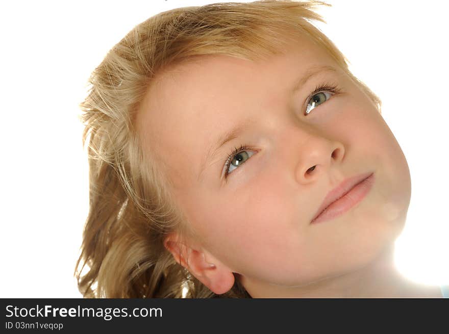 Beautiful happy girl looking up, isolated on white. Beautiful happy girl looking up, isolated on white