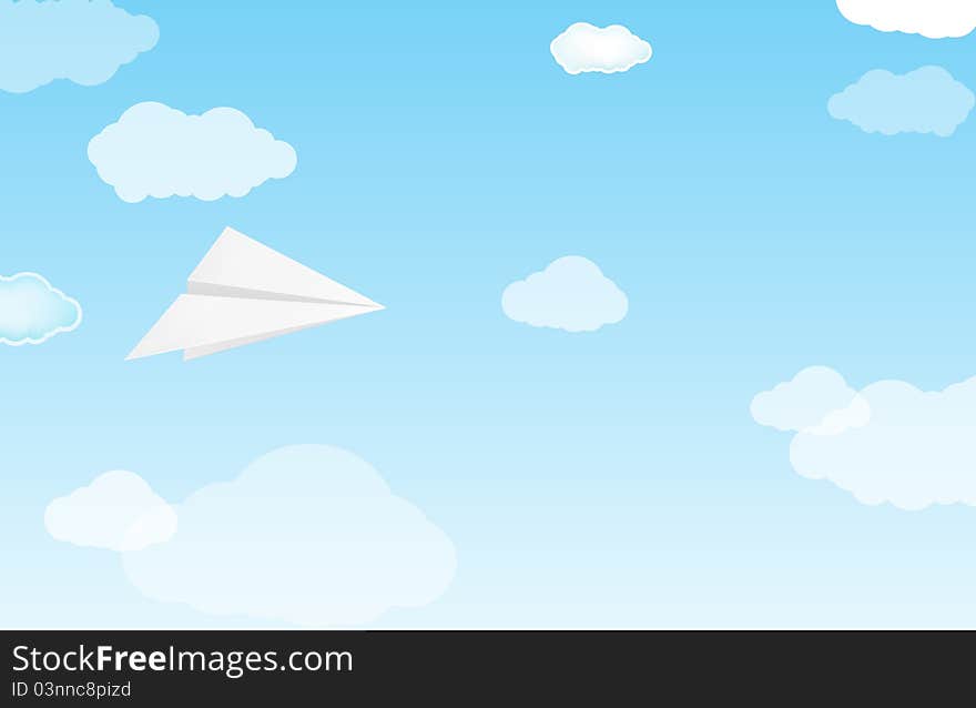 White paper plane on sky and cloud background