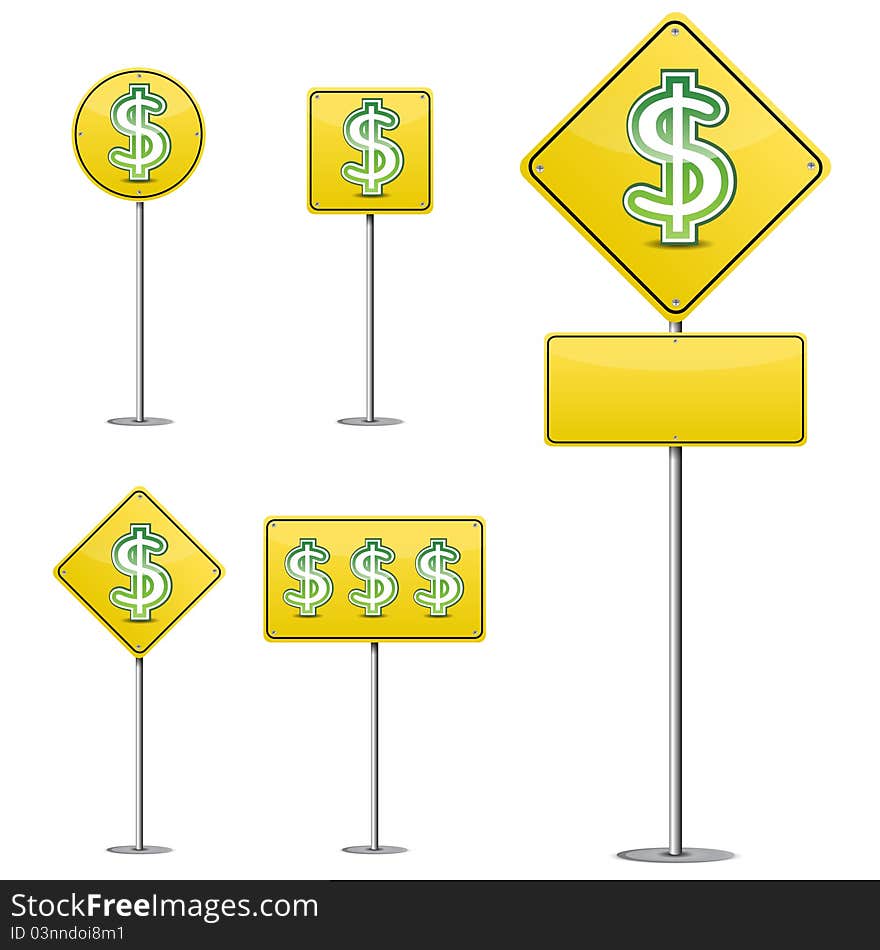 Set of abstract dollar yellow road sign isolated on white