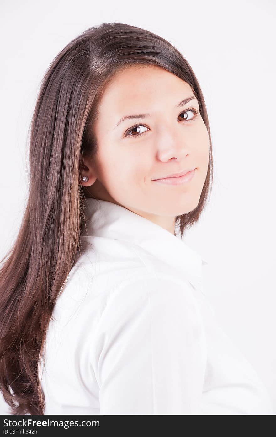 Portrait of happy smiling cheerful young business woman in glasses, isolated on white background