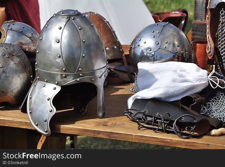 Display of medieval metal helmets. Display of medieval metal helmets