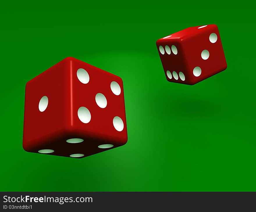 Rolling dice on green background 3d