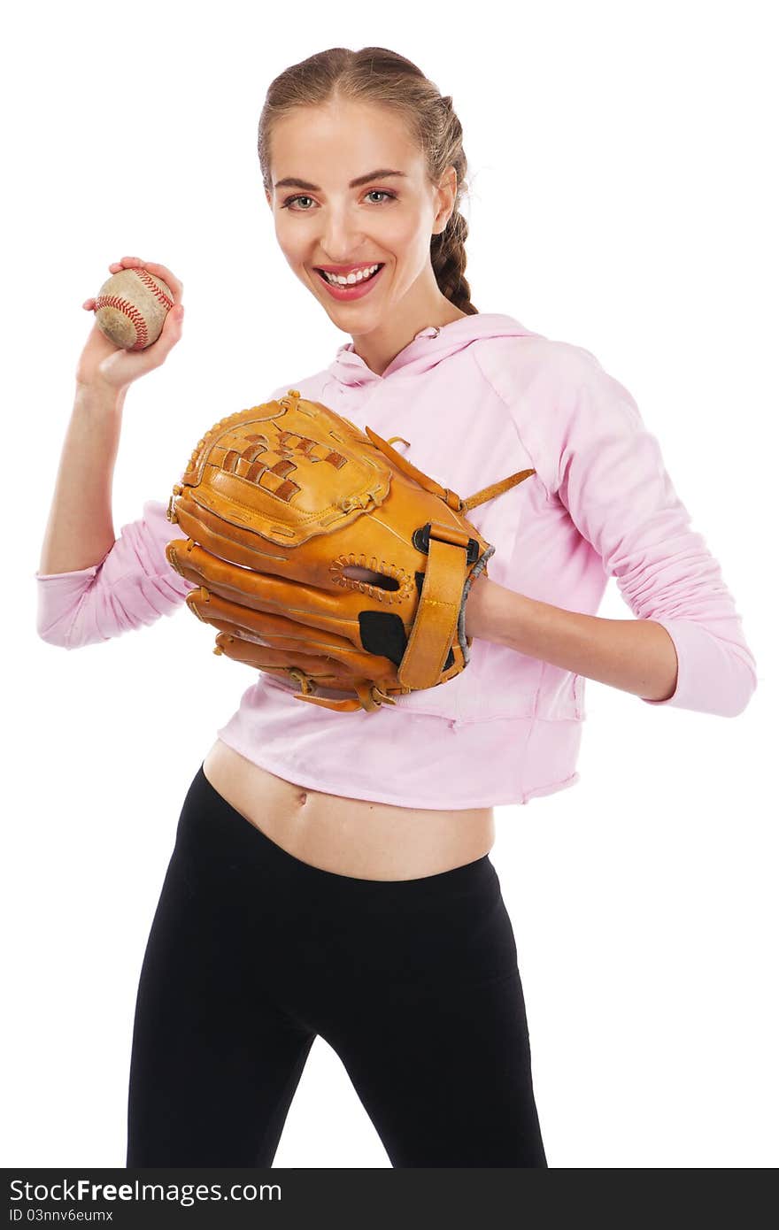 Beautiful woman with baseball equipment, isolated on white background