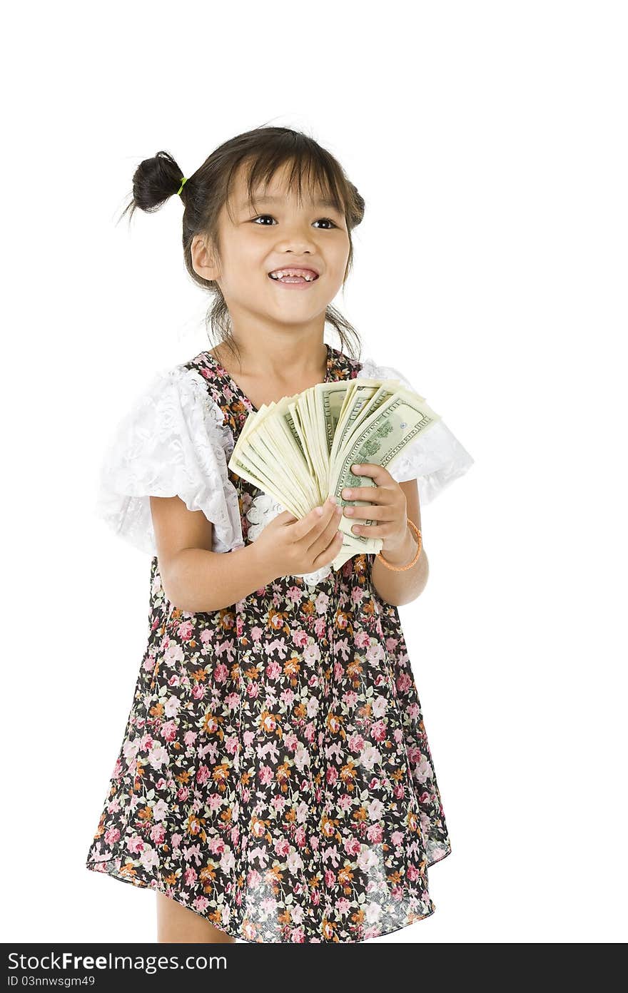 Happy cute girl with us dollars, isolated on white background