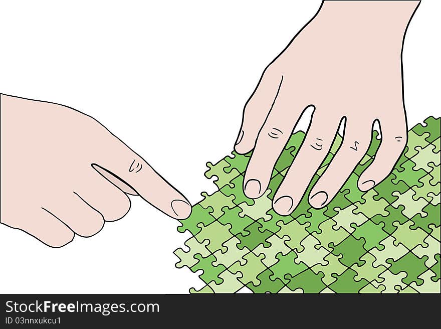 Human hands assembling green puzzle