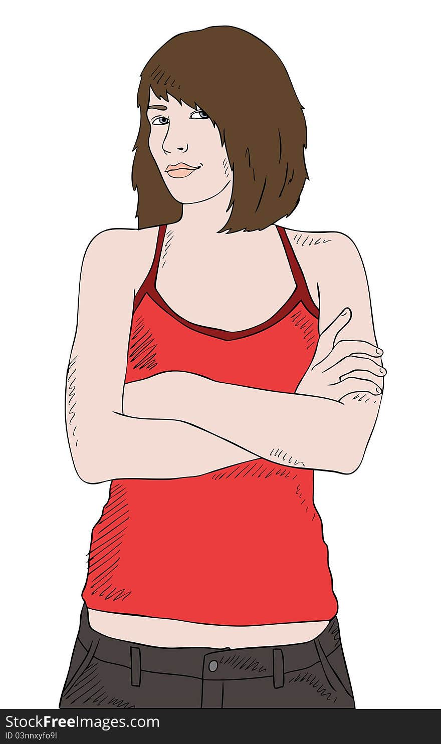 Girl In Red Shirt With Crossed Hands