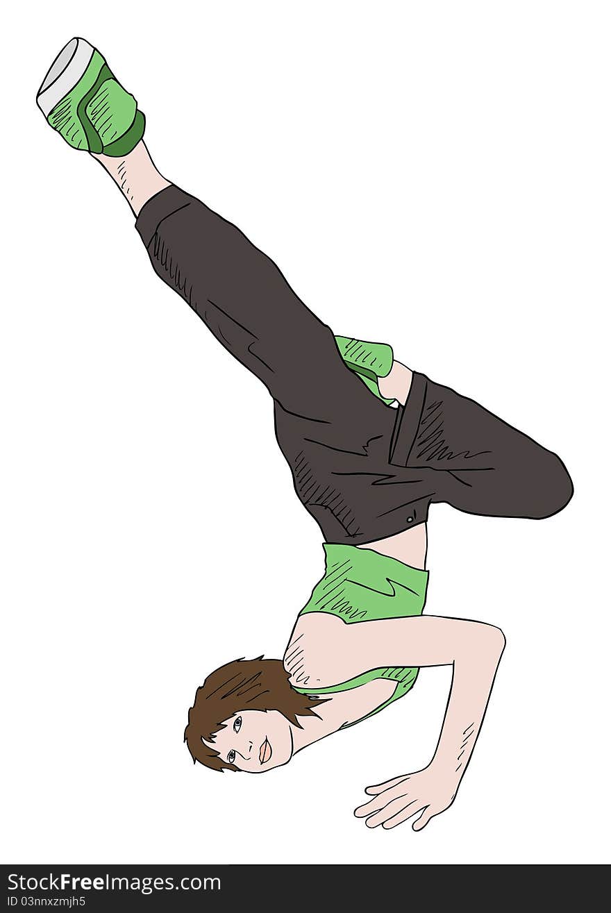 Girl in green shirt in breakdance pose on white