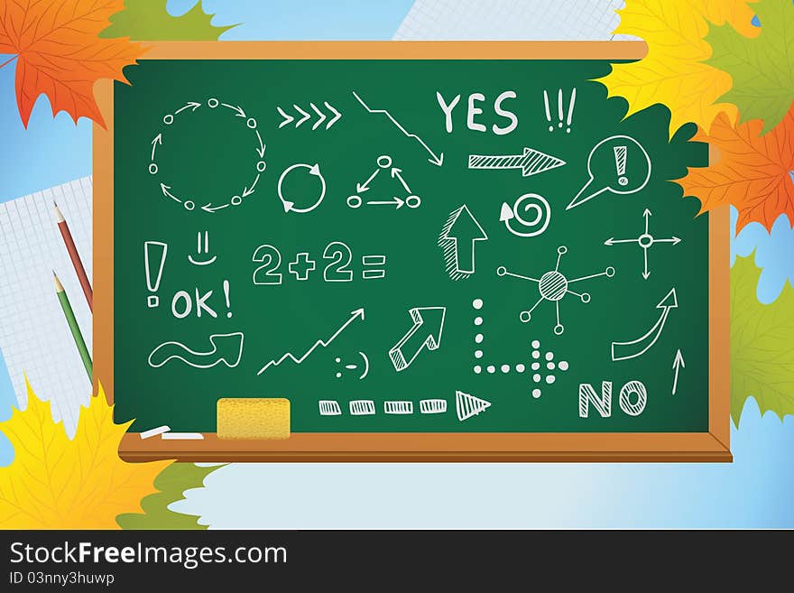 School autumn background with symbols on blackboard and yellow leaves. School autumn background with symbols on blackboard and yellow leaves