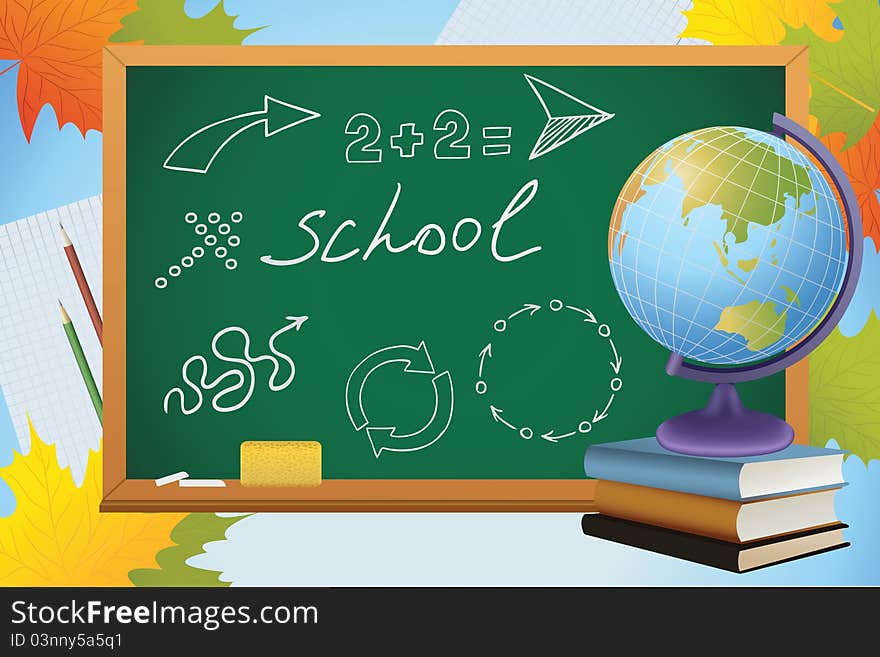 School background with symbols on blackboard