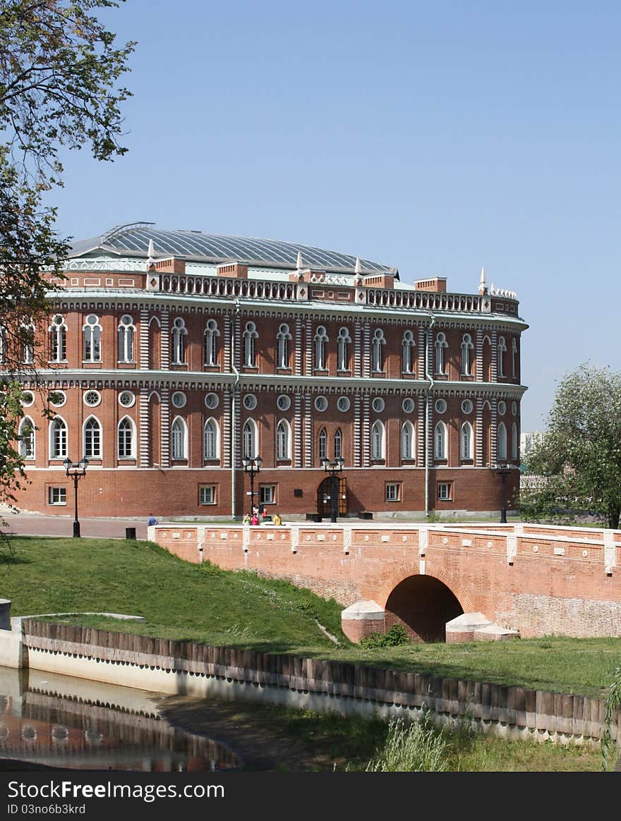 View of the Bread House and of the red bridge in Tsaritsyno. View of the Bread House and of the red bridge in Tsaritsyno