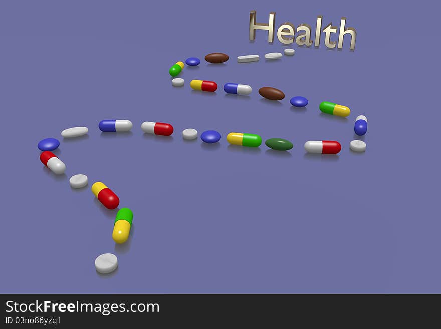 Winding trail of pills leading to golden health. Winding trail of pills leading to golden health