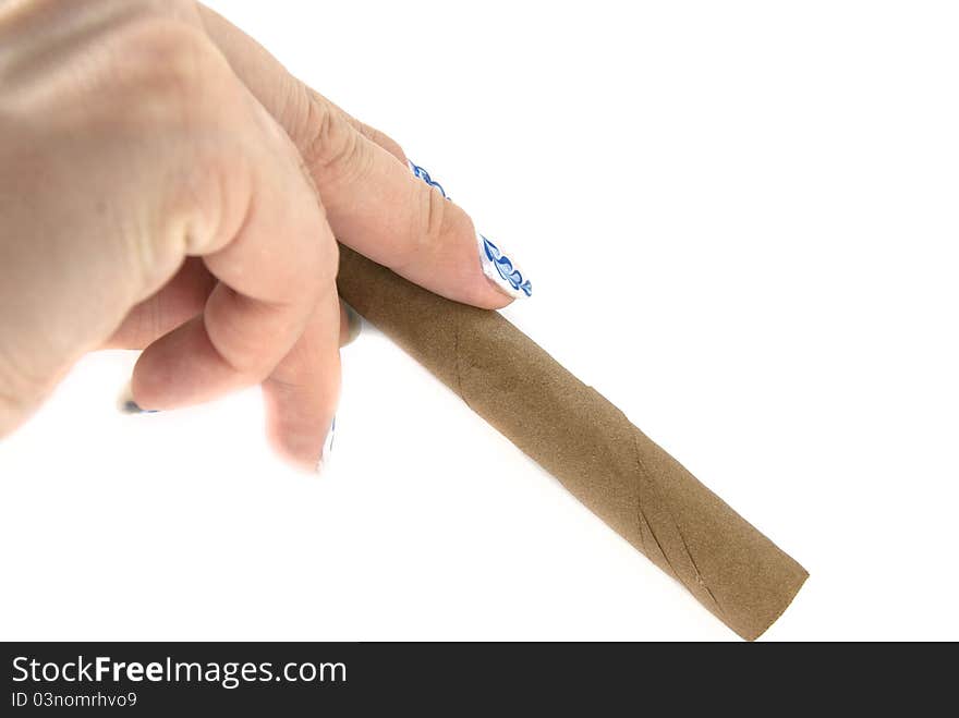 A woman hand with a cigar on white background