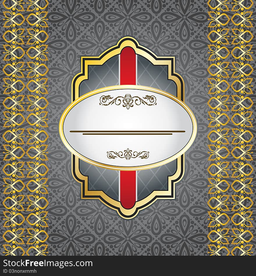 Vintage background with golden pattern and label. Vintage background with golden pattern and label