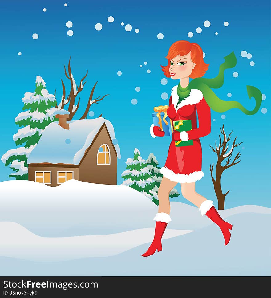 Girl with gifts on winter background