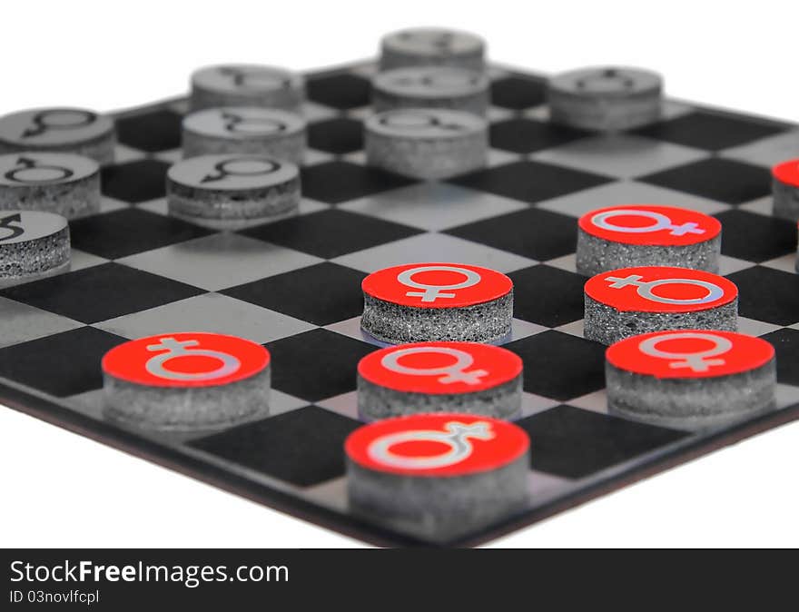 Concept with male and female gender symbols playing checkers. Concept with male and female gender symbols playing checkers