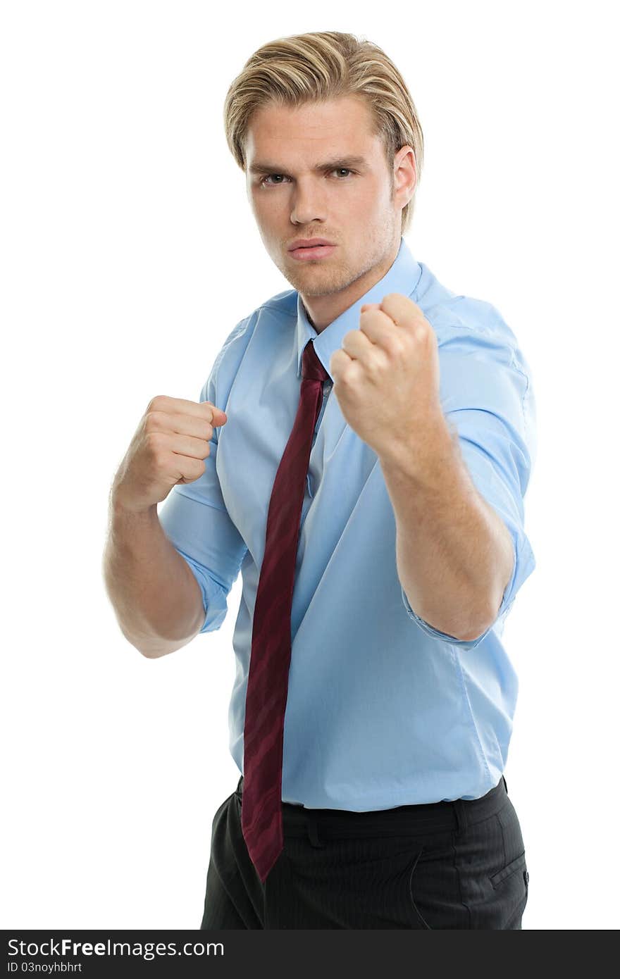 Blond man showing a fist. Blond man showing a fist