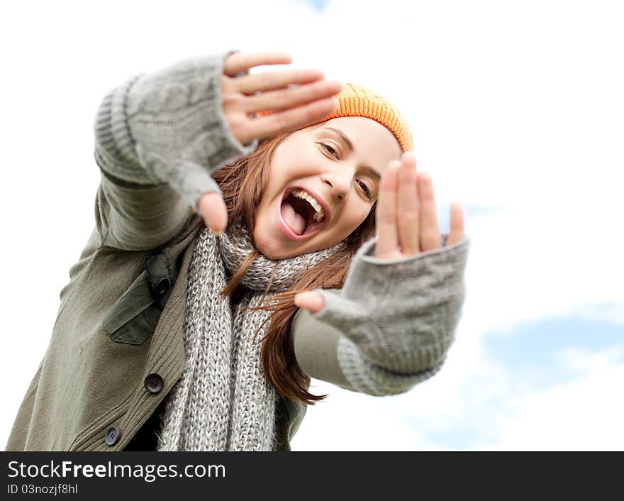 Happy brunette woman with sign. Happy brunette woman with sign