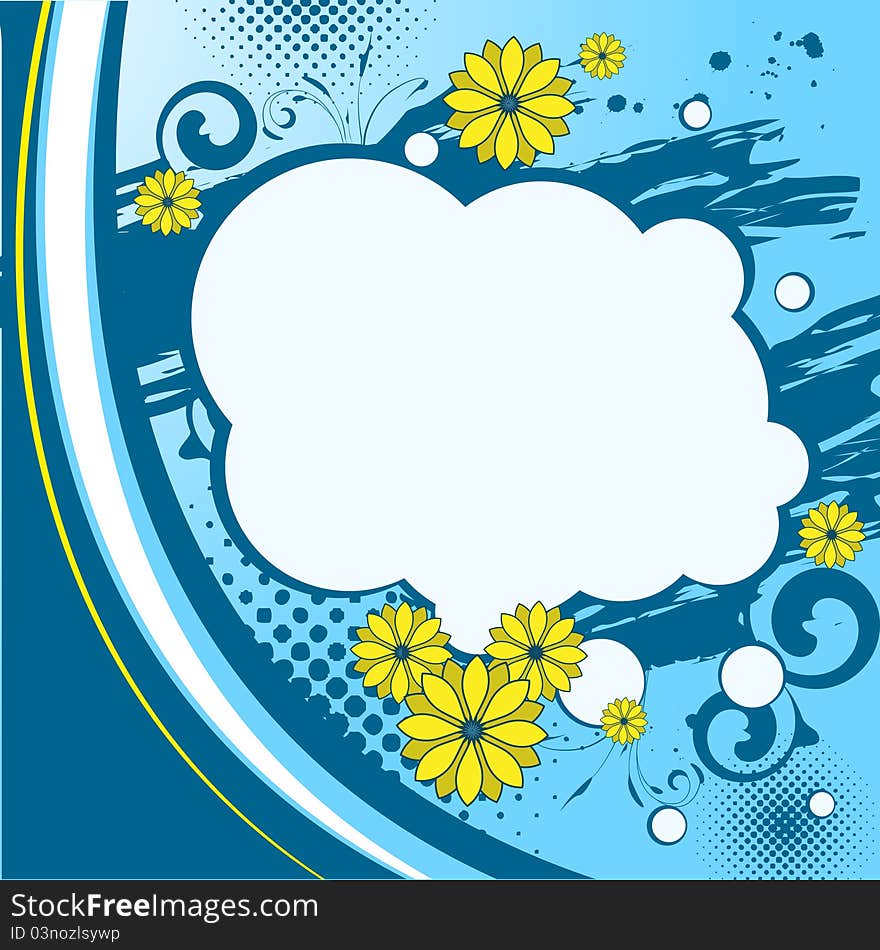 Blue background with flourishes, flowers, blots and a place for text. Blue background with flourishes, flowers, blots and a place for text