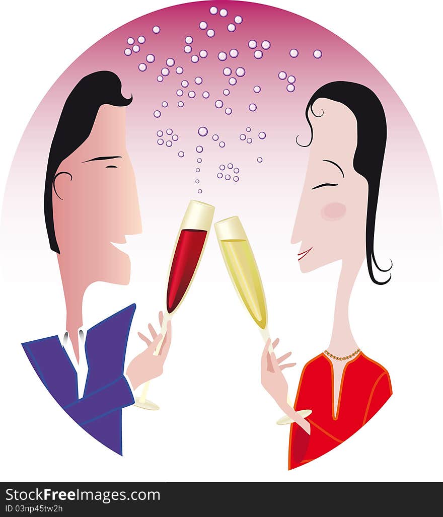 Illustration of a celebrating couple holding wine glasses