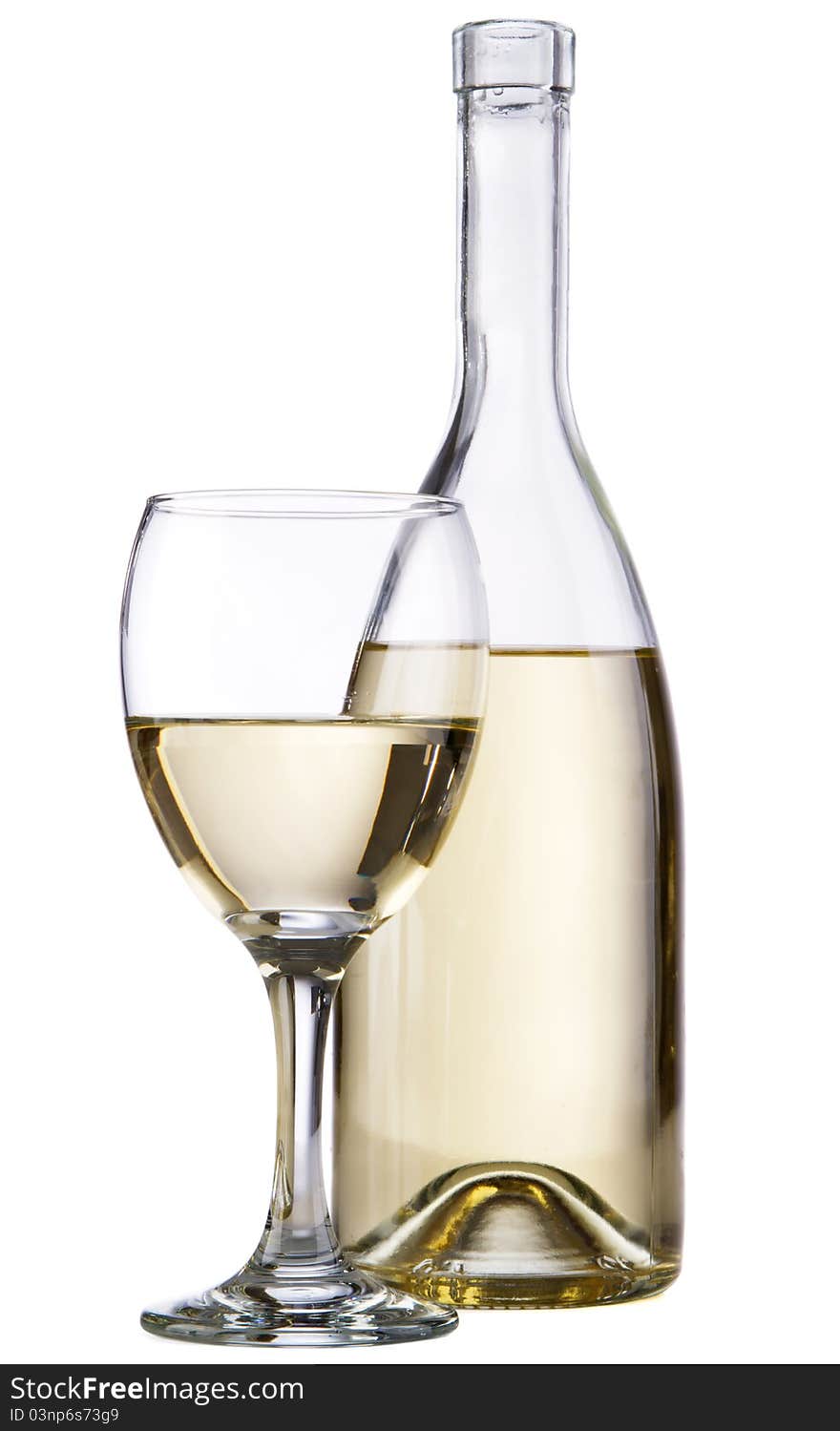 White wine bottle with a wineglass, isolated on white background