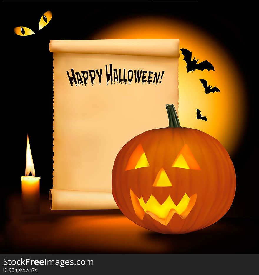 Halloween background with old paper, and scary pumpkin. Vector.