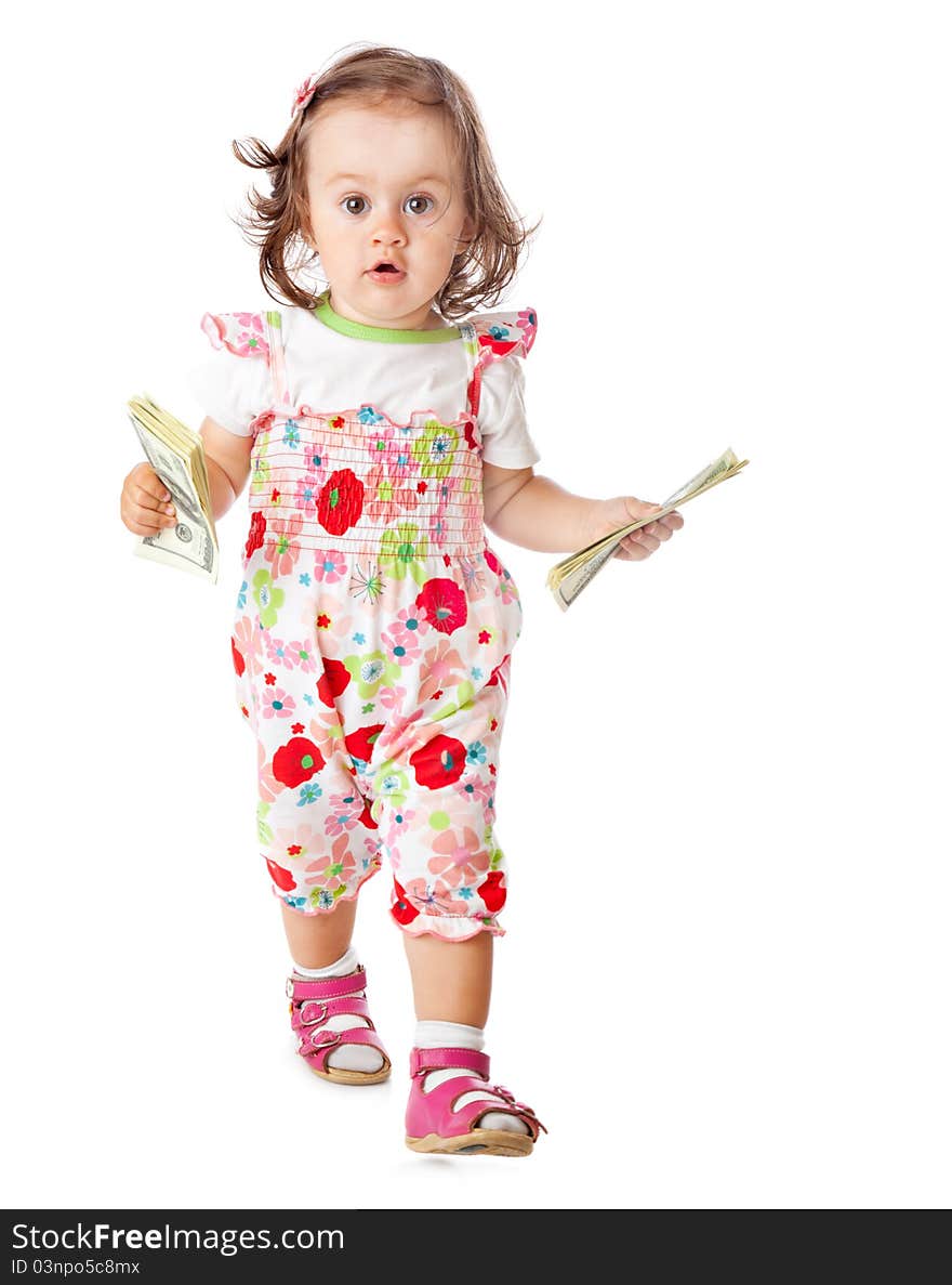 A little girl with money. Isolated on a white background