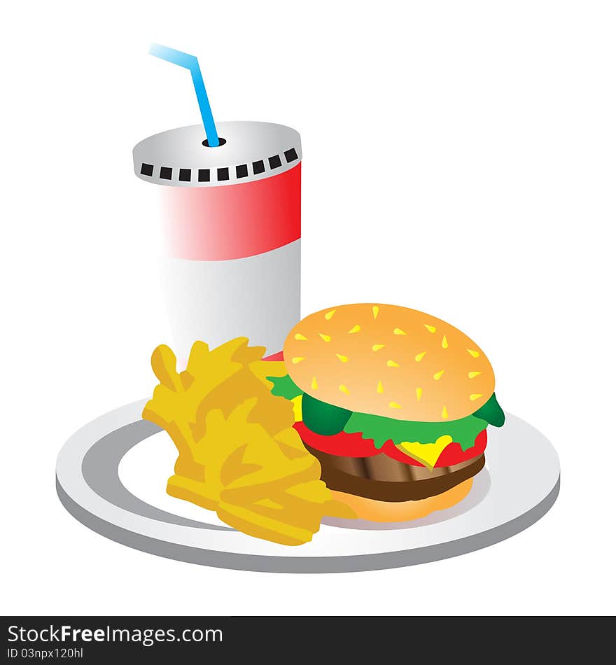 Vectorized cartoon of a burger with chips and a drink in a cup. Vectorized cartoon of a burger with chips and a drink in a cup