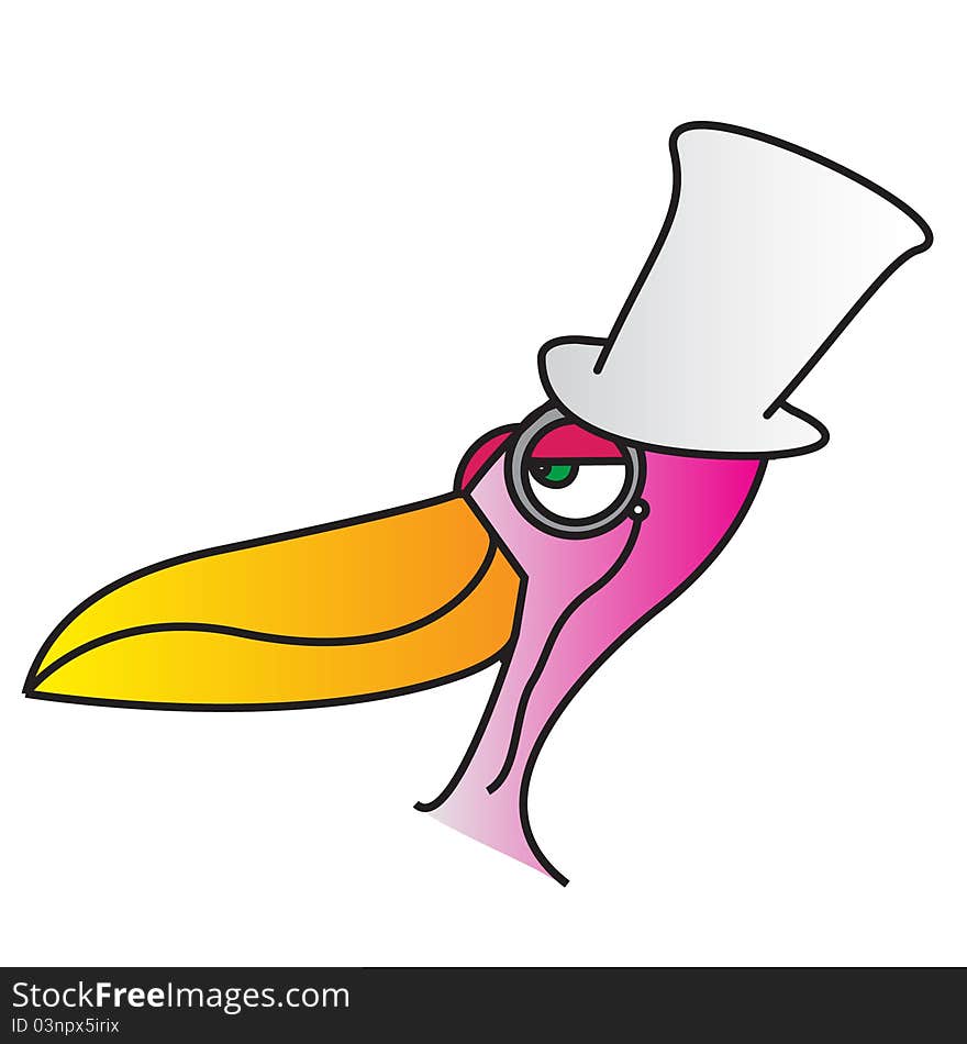 A posh flamingo wearing a top hat and a monocle with a large beak