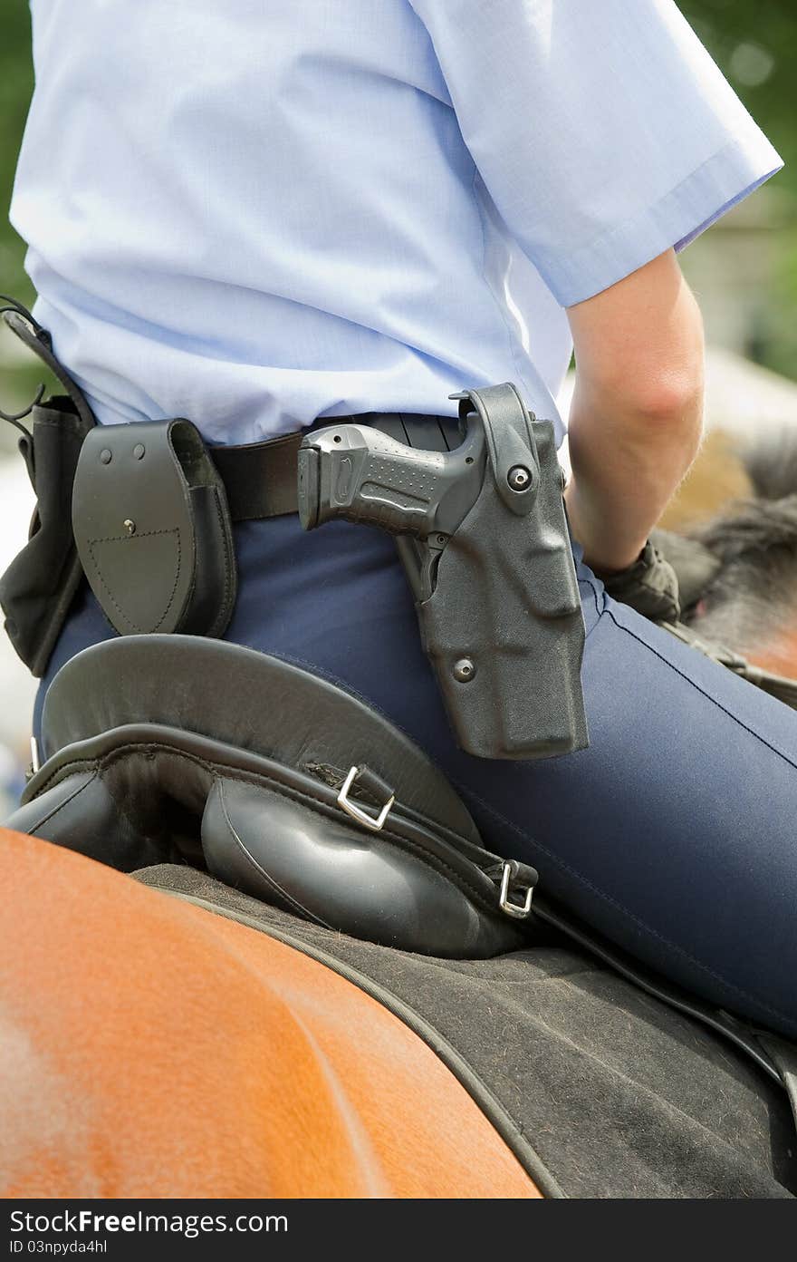 Mounted police officer with arms