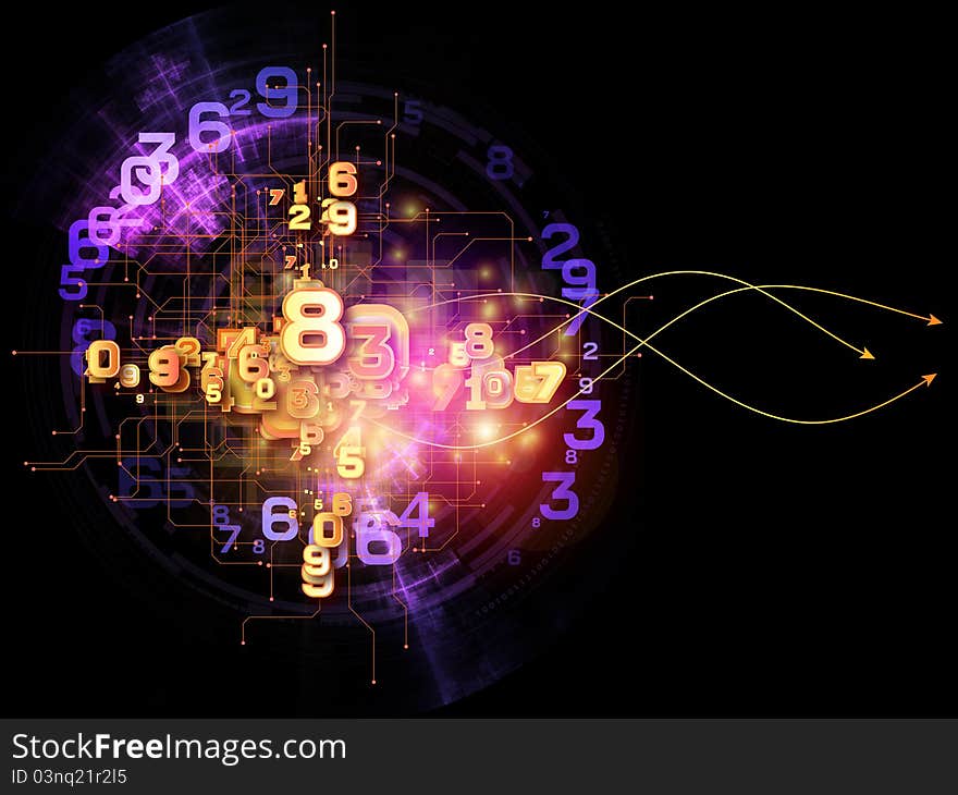 Interplay of digits, network components, lights and abstract graphic elements on the subject of modern technologies, computers, Internet and virtual reality. Interplay of digits, network components, lights and abstract graphic elements on the subject of modern technologies, computers, Internet and virtual reality