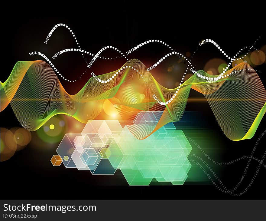 Interplay of abstract graphic elements, graceful waves and digits on the subject of directional flow, communication and data transfer. Interplay of abstract graphic elements, graceful waves and digits on the subject of directional flow, communication and data transfer