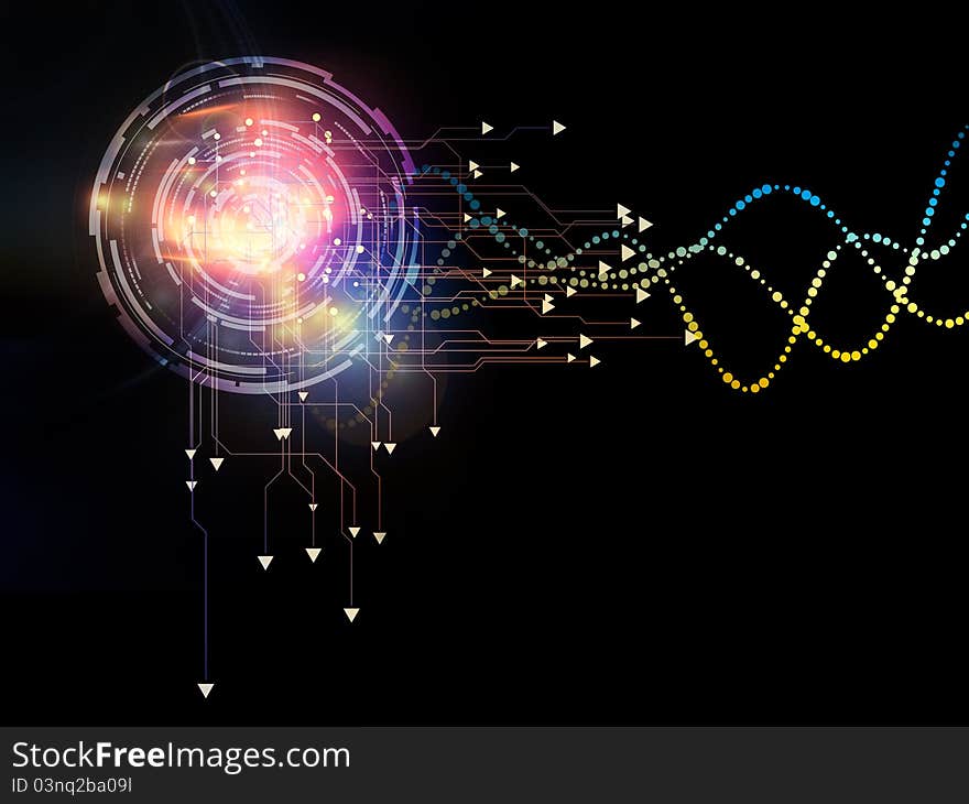 Interplay of directional symbols and abstract graphic elements on the subject of digital technologies, communication, progress and virtual reality. Interplay of directional symbols and abstract graphic elements on the subject of digital technologies, communication, progress and virtual reality