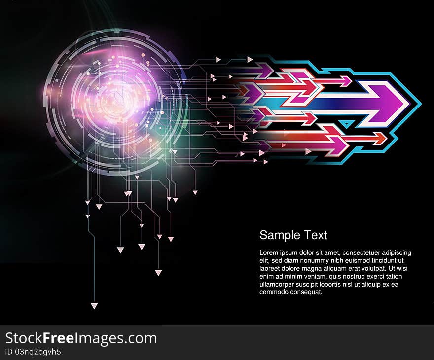 Interplay of directional symbols and abstract graphic elements on the subject of digital technologies, communication, progress and virtual reality. Interplay of directional symbols and abstract graphic elements on the subject of digital technologies, communication, progress and virtual reality