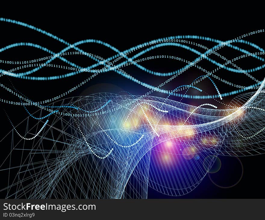 Interplay of abstract graphic elements, graceful waves and digits on the subject of directional flow, communication and data transfer. Interplay of abstract graphic elements, graceful waves and digits on the subject of directional flow, communication and data transfer