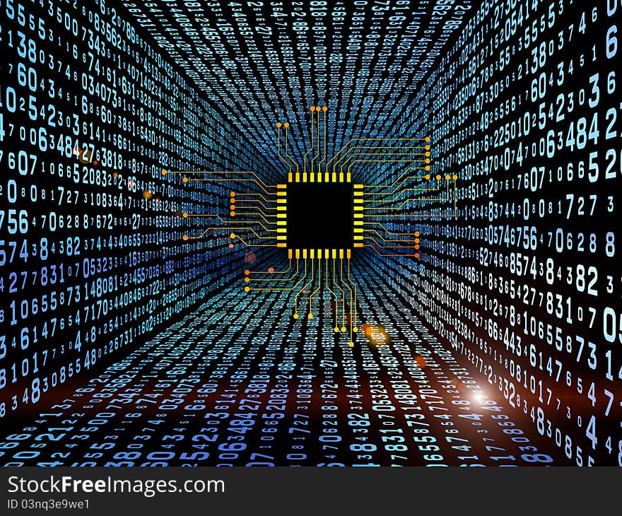 Interplay of digital circuit and number graphics on the subject of electronics, computers, communications and modern technologies.