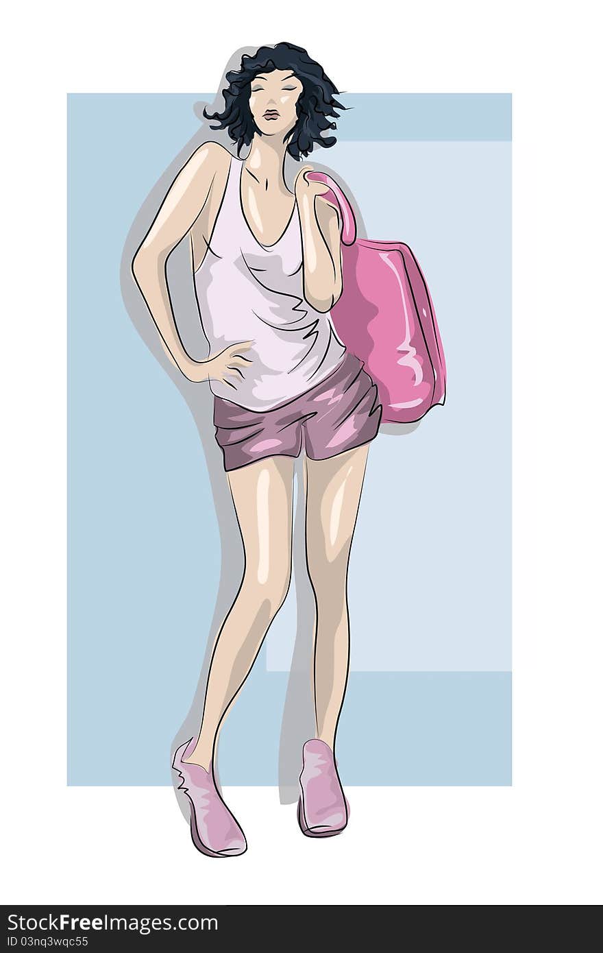 Handdraw sketch beautiful girls in summer clothes with big pink bag. Handdraw sketch beautiful girls in summer clothes with big pink bag